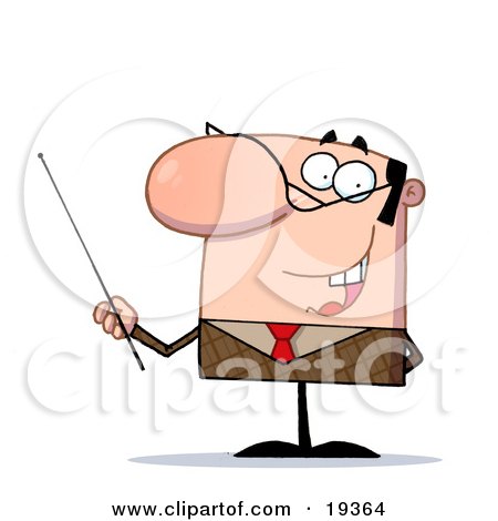 Clipart Illustration Of A Hyper Male College Professor Wearing Glasses, Using A Pointing Stick While Teaching His Students In Class by Hit Toon
