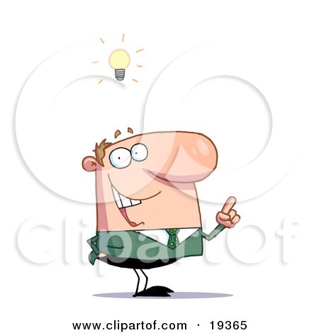 Clipart Illustration Of A Creative Thinking Businessman In A Green Suit And A Lighbulb Over His Head by Hit Toon