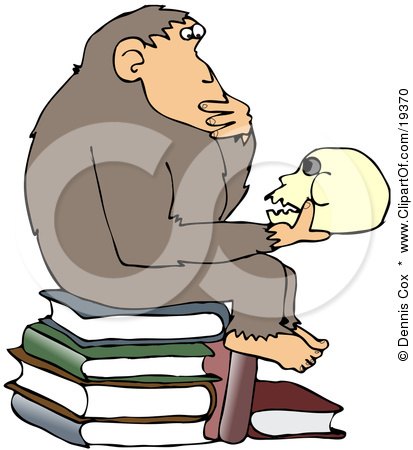 Clipart Illustration of a Smart Chimpanzee Sitting On Top Of A Stack Of Books And Gazing At A Skull, A Parody Of Hugo Rheinhold's "Philosophizing Ape" Sculpture That Was Created In 1892 by djart