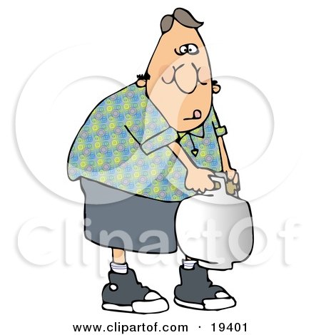 Clipart Illustration of a Weak White Guy Trying To Carry A Propane Cylinder Tank To The Camp Site For Cooking After Refilling It by djart