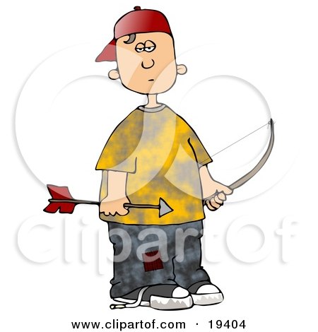 Clipart Illustration of a Poor And Hungry White Boy Wearing Patched Jeans Under A Yellow Shirt, Holding A Bow And Arrow While Shooting At Birds For Food by djart