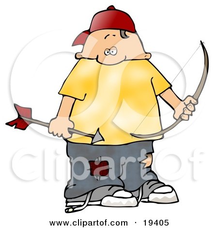 Clipart Illustration of a Chubby White Boy Wearing Patched Jeans, Holding A Bow And Arrow While Shooting At Birds by djart