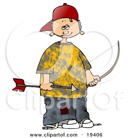 Clipart Illustration of a Little White Boy In A Yellow Shirt And Patched Jeans, Wearing A Red Hat And Holding An Arrow And Bow by djart