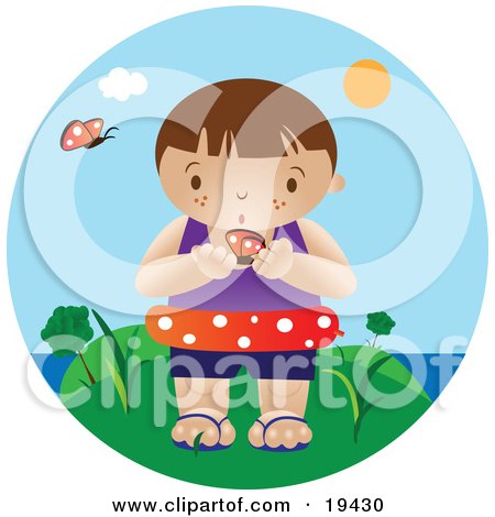 Clipart Illustration of a Curious Little Boy Wearing An Inner Tube And Holding A Butterfly While Standing Near The Beach On A Hot Summer Day by Vitmary Rodriguez