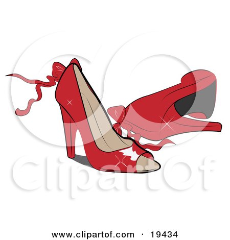 Clipart Illustration of a Pair Of Feminine, Shiny, Red, Open Toe, High Heeled Shoes With Bows And Ribbons by Vitmary Rodriguez