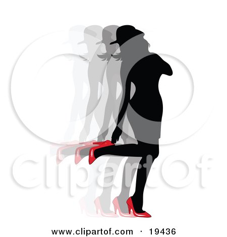 Clipart Illustration of a Sexy Silhouetted Woman In A Dress And Hat, Looking Back At Her Red High Heel Shoes by Vitmary Rodriguez
