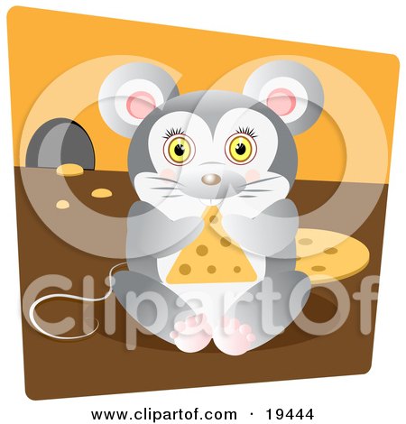Clipart Illustration of a Cute Chubby Mouse Nibbling On A Triangle Slice Of Swiss Cheese Inside His Mouse Hole by Vitmary Rodriguez
