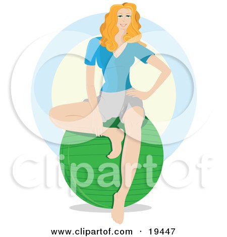 Clipart Illustration of a Beautiful Blond Yoga Instructor Seated On Top Of A Green Exercise Ball And Waiting For Gym Members To Enter The Fitness Room by Vitmary Rodriguez
