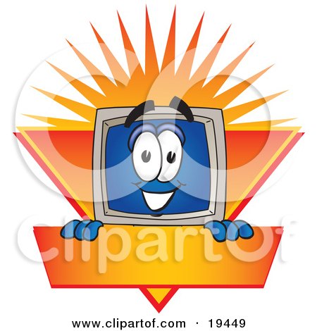 Clipart Picture of a Desktop Computer Mascot Cartoon Character Logo Showing The Monitor Smiling Over An Orange And Yellow Banner Against A Sunburst by Mascot Junction