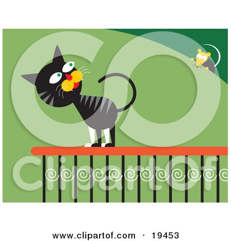 Clipart Illustration of a Frisky Black And Gray Cat On A Porch Railing, Looking At A Mouse On A Bush by Venki Art