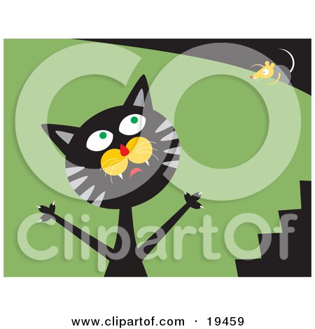 Clipart Illustration of a Frustrated Black And Gray Cat Trying To Catch A Mouse That's Teasing Him And Laughing On Top Of A Bush by Venki Art
