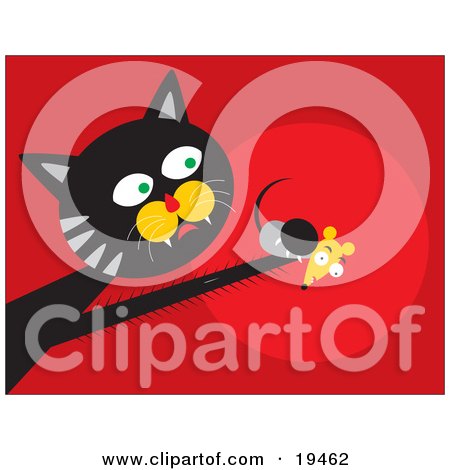 Clipart Illustration of a Black And Gray Cat With Fast Reflexes, Reaching Out And Grasping A Scared Mouse In His Paw by Venki Art
