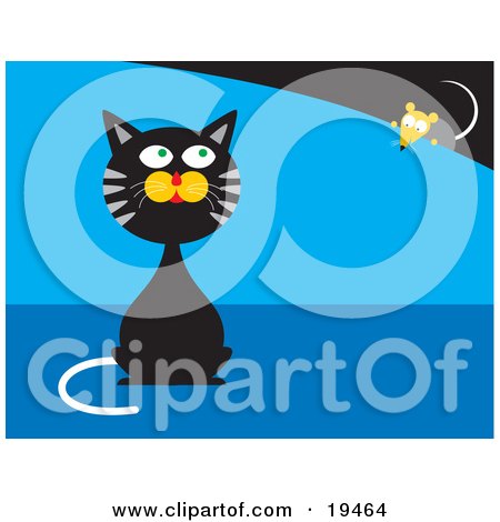 Clipart Illustration of a Black And Gray Cat Sitting And Pretending He Doesn't Know A Mouse Is Behind Him While The Mouse Creeps Forward by Venki Art