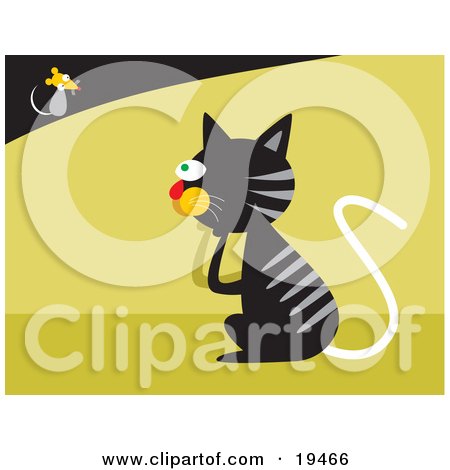 Clipart Illustration of a Black Cat With Gray Stripes Pondering On How To Catch A Fast Little Mouse by Venki Art