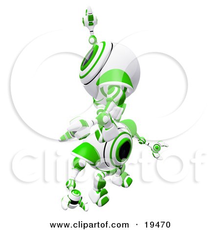 Clipart Illustration of a Green And White Spycam Robot Climbing On Top Of Another To Reach A Goal, Symbolizing Success, Achievement, Ambition And Teamwork by Leo Blanchette