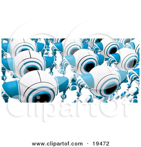 Clipart Illustration of a Group Of Marching Blue And White Webcams Just Off The Assembly Line by Leo Blanchette