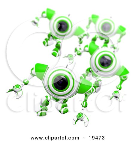 Clipart Illustration of an Alert Green And White Security Webcam Leading Others In A March by Leo Blanchette