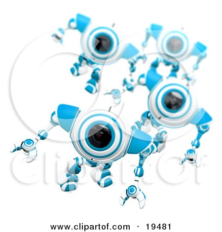 Clipart Illustration of a Blue And White Security Webcam Leading Others In A March by Leo Blanchette