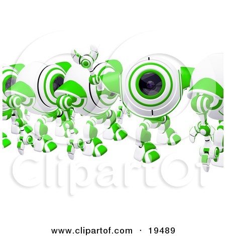 Clipart Illustration of a Friendly Green And White Spycam Waving While Marching In Line by Leo Blanchette