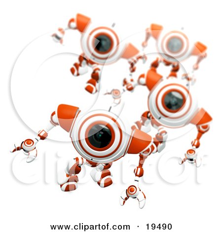 Clipart Illustration of Red And White Security Spybots In A March by Leo Blanchette