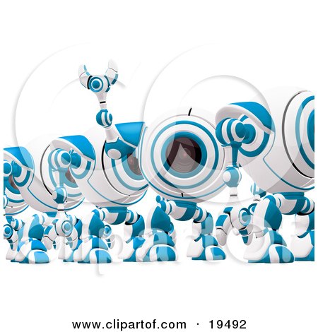 Clipart Illustration of a Distracted Blue And White Soldier Spycam Standing In Line And Waving by Leo Blanchette