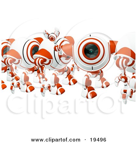 Clipart Illustration of a Happy Red And White Security Webcam Waving And Marching In Line by Leo Blanchette