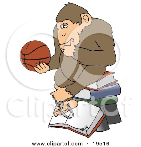 Clipart Illustration of a Chimp In Thought, Rubbing His Chin, Sitting On Top Of A Stack Of Books And Staring At A Basketball by djart
