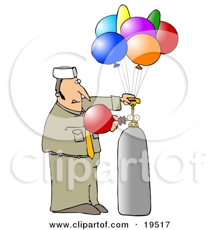 Clipart Illustration of a Balloon Guy In Uniform, Filling Colorful Party Balloons With Helium by djart