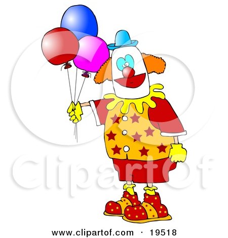 Clipart Illustration of a Colorful Party Clown In Red, Orange And Yellow, Holding Three Balloons by djart