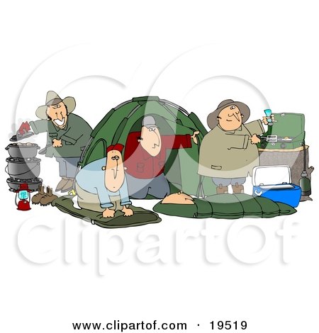 Clipart Illustration of a Happy Group Of Camping Buddy Guys Cooking And Napping While Enjoying A Wife Free Weekend by djart