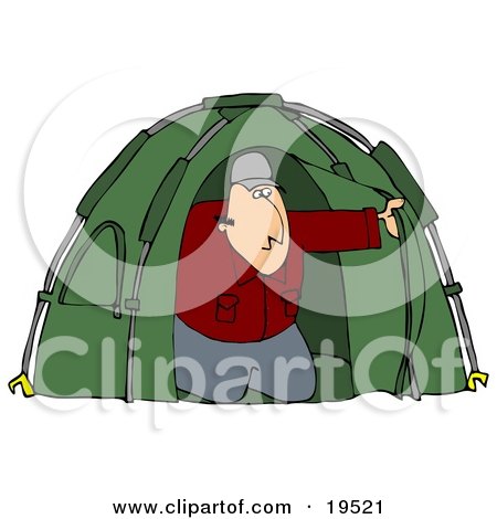Clipart Illustration of a White Man Peeking Out From His Green Camping Tent by djart