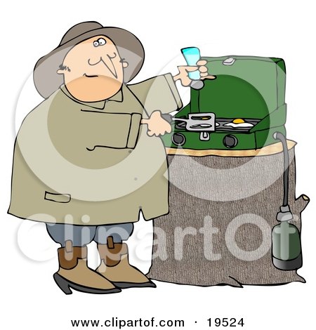 Clipart Illustration of a Happy Man Sniffing The Aroma Of Eggs While Cooking Breakfast On A Propane Camping Stove by djart