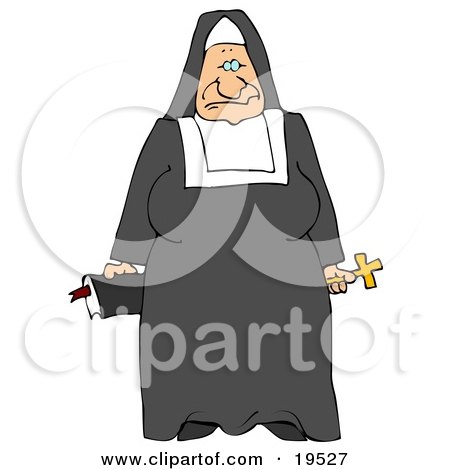 Clipart Illustration of a Tired Old Nun In Black And White, Holding A Bible And Cross by djart