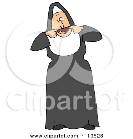 Clipart Illustration of a Playful Nun In Black And White, Using Her Hands To Pry Open Her Mouth As Big As She Can To Make Funny Faces by djart