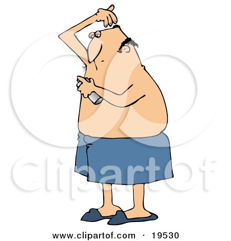 Clipart Illustration of a White Guy Wrapped In A Towel, Spraying Deodorant On His Hairy Armpits After Getting Out Of The Shower by djart