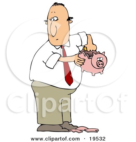 Clipart Illustration of a White Guy In A Business Suit, Taking Coins Out Of A Broken Piggy Bank To Collect Enough Money To Support A Bad Habit by djart