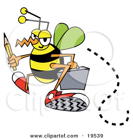 Clipart Illustration of a Busy Bee Carrying A Pencil And Briefcase While Flying To Work by Andy Nortnik