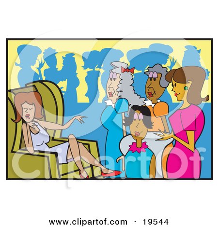 Clipart Illustration of a Group Of Ladies Surrounding One Woman Who Is Sitting In A Chair And Talking About Herself While Others Dance And Chat In The Background by Andy Nortnik