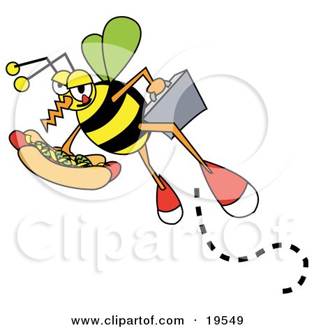 Clipart Illustration of a Business Bee Carrying A Briefcase And A Hotdog With Mustard And Relish by Andy Nortnik
