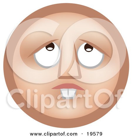 Clipart Illustration of a Hopeful Tan Smiley Face With Buck Teeth, Looking Upwards and Praying to God For Money to Fix His Teeth by AtStockIllustration