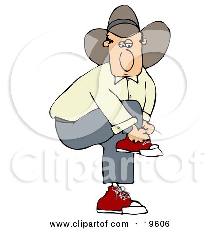 Clipart Illustration of a White Cowboy Guy In A Hat, Lifting His Knee Up To Tie His Shoe Laces While Standing by djart