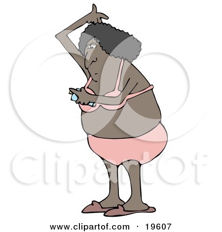 Clipart Illustration of a Black Lady in Her Undergarments, Spraying Deodorant on Her Armpits After Getting Out of The Shower by djart