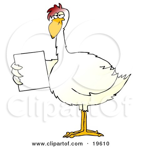 Clipart Illustration of a Slim White Chicken Holding Out A Blank White Sign by djart