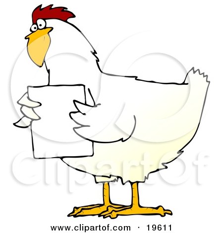Clipart Illustration of a Chubby White Chicken Holding A Blank White Sign In Front Of Its Chest by djart