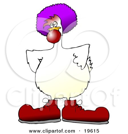 Clipart Illustration of a Goofy White Farm Chicken Dressed As A Clown, Wearing Big Red Shoes, A Red Nose And A Purple Wig by djart