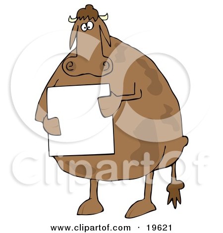 Clipart Illustration of a Fat Brown Cow Standing On Its Hind Legs And Holding A Blank White Sign by djart