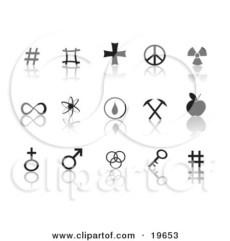 Clipart Illustration of a Collection Of Black Symbol Icons On A Reflective White Background by Rasmussen Images