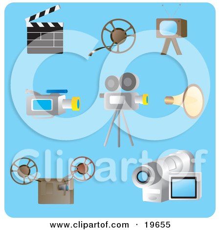 Clipart Illustration of a Collection Of Filming Picture Icons On A Blue Background by Rasmussen Images