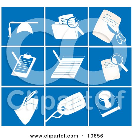 Clipart Illustration of a Collection Of White Office Picture Icons On A Blue Background by Rasmussen Images