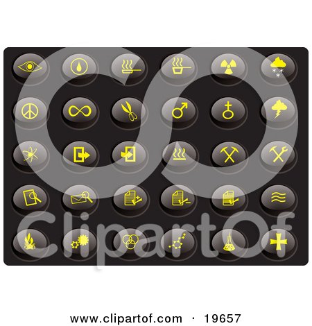 Clipart Illustration of a Collection Of Yellow Misc Icons On A Black Background by Rasmussen Images